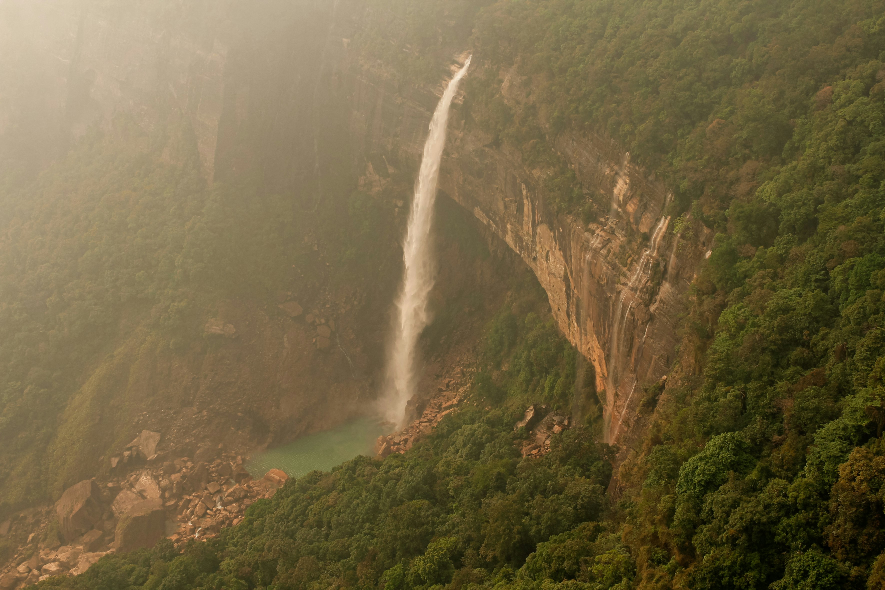 Monsoon waterfall cascades in Cherrapunji