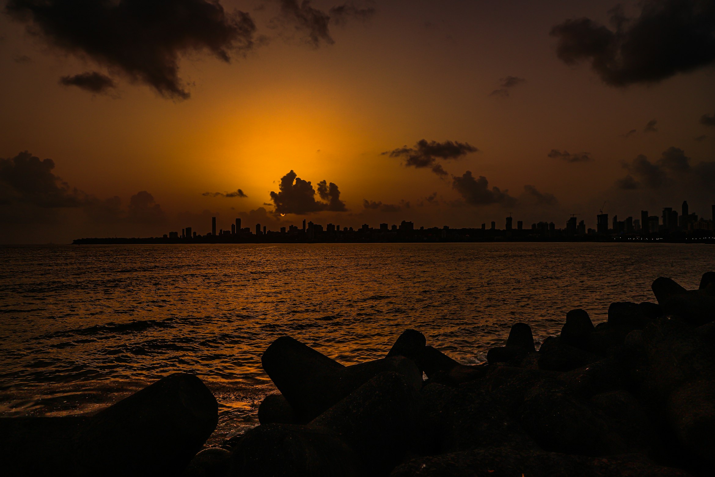 Mumbai skyline from Marine Drive at sunset