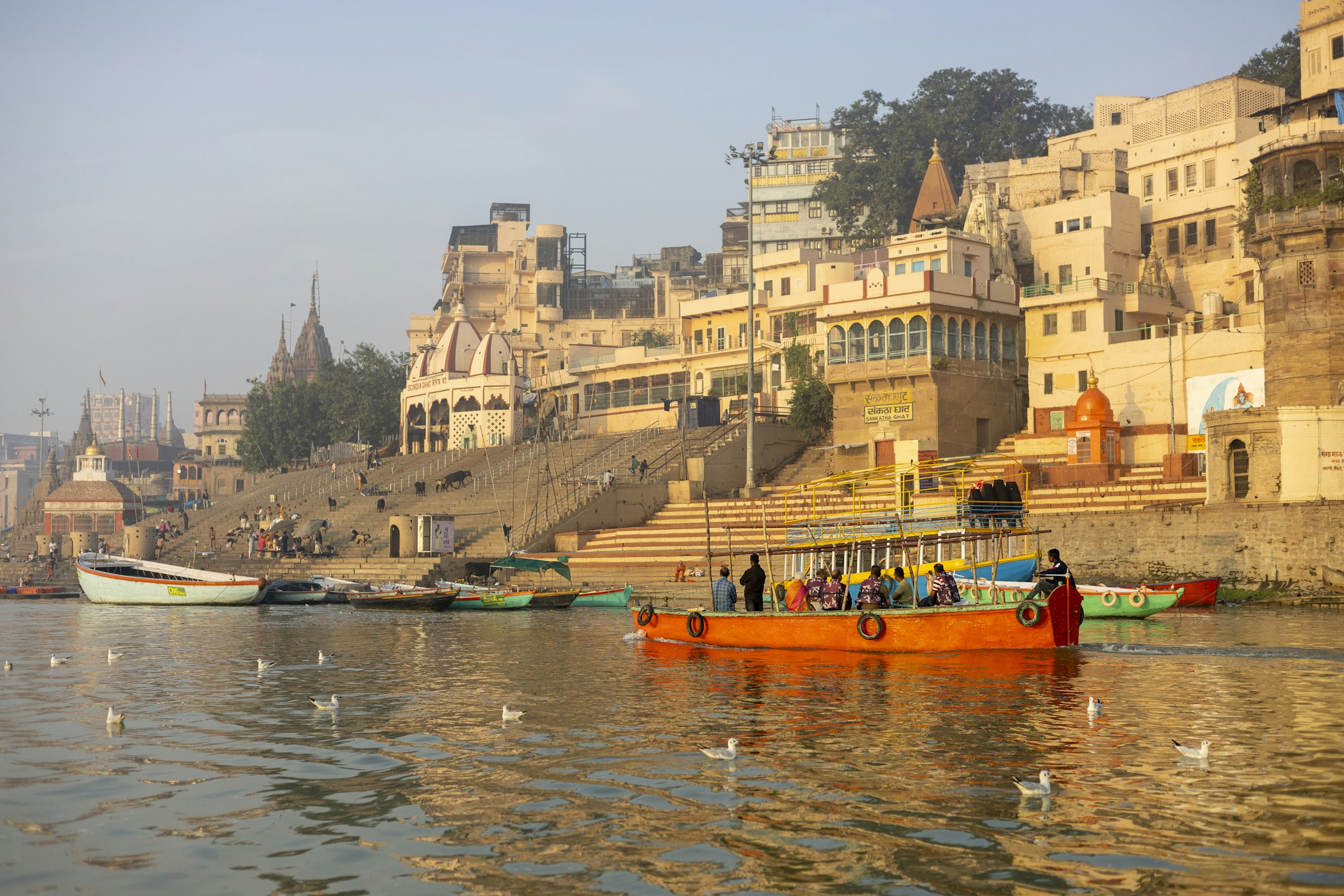 Colorful morning scene on Varanasi ghats